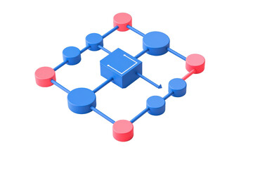 A 3D geometric model featuring interconnected nodes in blue and red, forming a network structure.