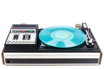 Fototapeta premium Vintage turntable record player with cyan vinyl isolated on white background.