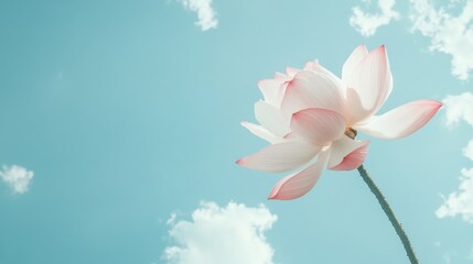 This picturesque view showcases a soft pink flower gracefully floating against a tranquil blue sky. The gentle clouds enhance the serene atmosphere, creating a peaceful scene in nature