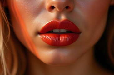 Fototapeta premium Promotion of red lipstick, a woman is delicately applying lipstick, showing the emphasis on the glossy, prominent lip texture and smooth skin. Emphasizing soft and modern elegance.