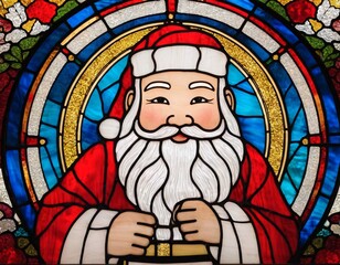 Stained glass in the form of Asian Santa Claus. Artificial intelligence. 