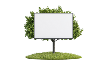 A blank signboard supported by a tree, surrounded by grass.