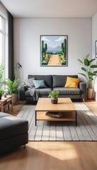 Fototapeta premium a living room decorated with a Christmas theme with a large space, tables and sofas