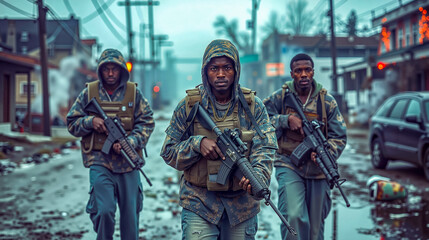Fototapeta premium A group of men walking down a street holding guns