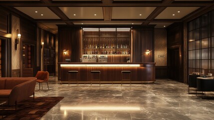A stylish bar interior featuring elegant lighting, dark wood accents, and a modern design, creating a sophisticated atmosphere for relaxation and socializing.