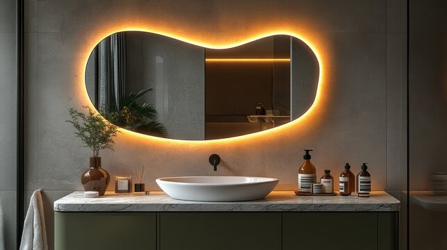lluminated organic-shaped bathroom mirror above modern vanity. - Powered by Adobe