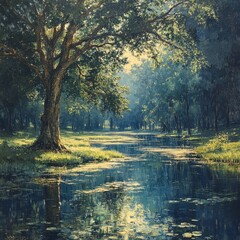 Serene Tranquil River Landscape at Dusk with Gentle Flowing Water and Lush Greenery for Peaceful Nature Retreats and Relaxation Moments