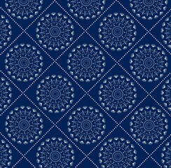 Geometric Mandala Pattern in White on Dark Blue Background with Symmetrical Design Elements. Illustration. Artwork