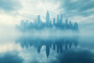 Fototapeta premium A misty skyline reflected in water, creating a serene and atmospheric urban landscape.