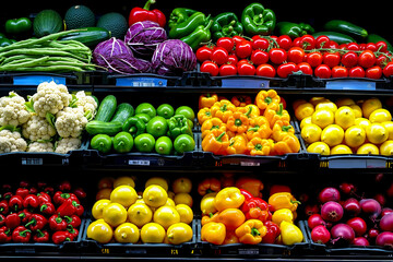 A display case filled with lots of different types of fruits and vegetables