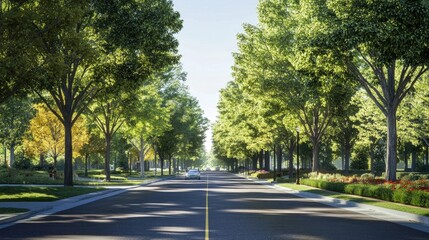 Obraz premium Serene Tree-Lined Street in Bright Sunny Day with Lush Greenery