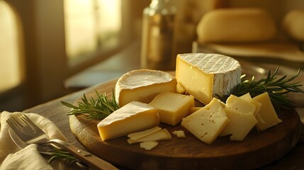 Assorted cheeses and rosemary on wooden board