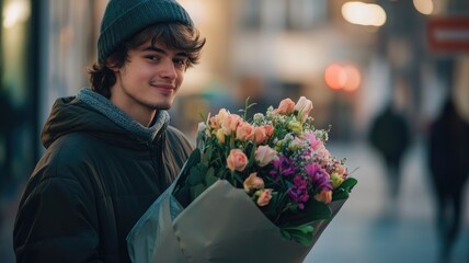Young man in winter clothes holding bouquet of flowers on street