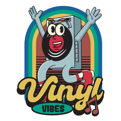 Vector Illustration of Turntable Mascot with Retro Mascot Illustration Available for Logo Badge