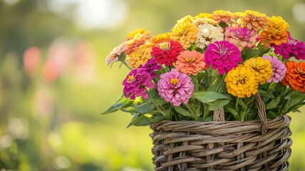 Colorful flowers in woven basket on sunny day outdoors