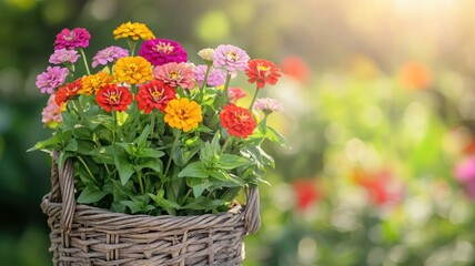 Vibrant zinnias in rustic woven basket, sunlight background
