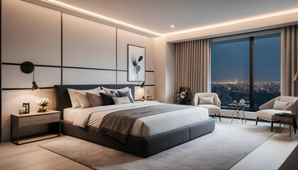 A stylish modern bedroom interior with sleek furniture, soft lighting, and elegant decor, offering a perfect blend of comfort and sophistication.