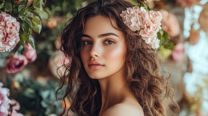 Naklejka premium Portrait of a woman surrounded by flowers in natural light