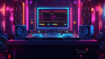 Vibrant DJ Setup with Turntables and Colorful Neon Lights