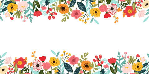 Collection of spring colorful flower elements vector. Floral boarder of wildflower, leaf branch, foliage on white background. Hand drawn blossom illustration for decor, easter, sticker, clipart.