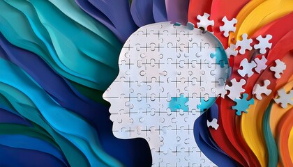 A human head composed of puzzle pieces, against a multicolored background, symbolizing mental health.