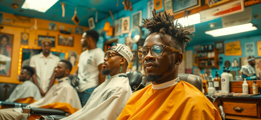 A group of men sitting in a barber shop