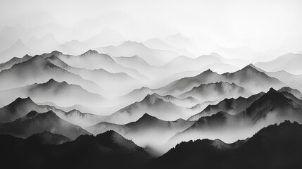 Monochromatic Ink Wash Mountain Scene with Serene Misty Depths