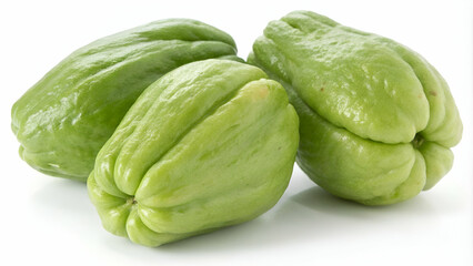 Fototapeta premium Cluster of fresh green chayotes with natural texture, isolated on a clean white background for food photography