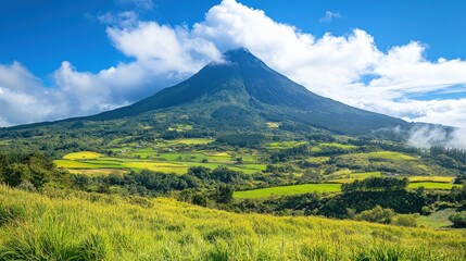 Majestic volcanic mountain overlooking lush green fields under a vibrant blue sky.