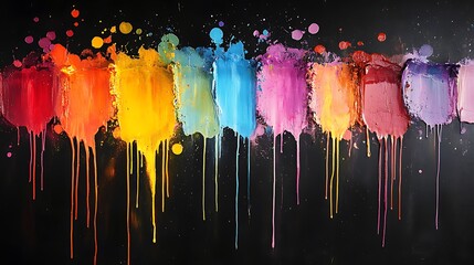 Artistic paint drips with multicolored splashes and sprays on black canvas