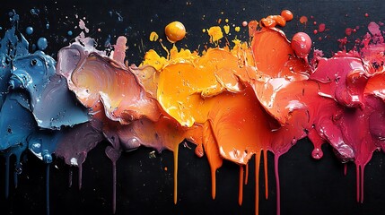 Artistic paint drips with multicolored splashes and sprays on black canvas