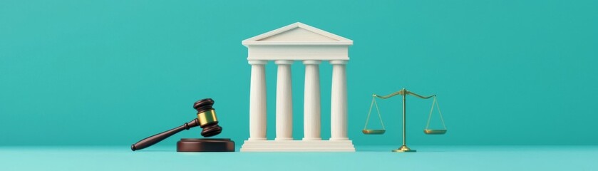 Obraz premium A gavel, scales, and a courthouse symbolize law and justice in a modern design.