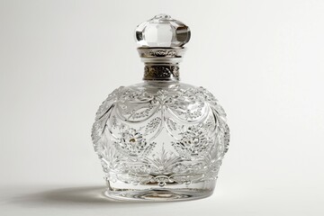 A beautifully crafted crystal decanter with intricate floral designs, used for serving beverages.