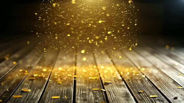 Wooden background with intricate golden patterns along the edges, scattered confetti glimmering in mid-air, and soft light radiating a festive glow, perfect for an anniversary cele