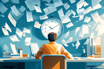 An employee overwhelmed by papers flying around, illustrating the impact of poor time management and work stress