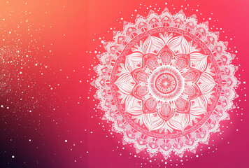 A pink and red gradient background with an intricate white mandala pattern in the center, creating a harmonious blend of colors and patterns. The design includes delicate floral mo