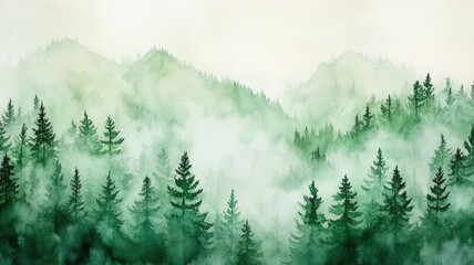 Fototapeta premium Misty forest with green pine trees and mountain backdrop