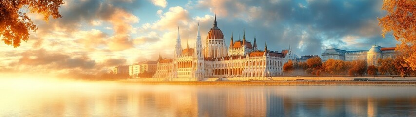 Fototapeta premium Stunning Panorama of the Pest Side of Budapest Showcasing Iconic Architecture and Scenic Views Over the Danube River in Vibrant Colors