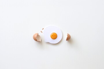 Overhead view of a conceptual fried egg with eyes and a cracked eggshell on a white background