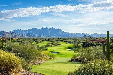 Obraz premium Panoramic view of a picturesque golf course located in a desert landscape.