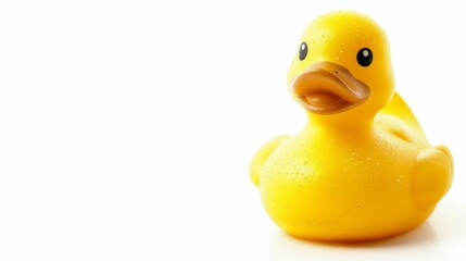 A bright yellow rubber duck, often used as a bath toy for children.