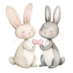 Charming bunny and cat in soft hues perfect for a whimsical Valentine's celebration, featuring delicate watercolor clipart for a romantic touch.