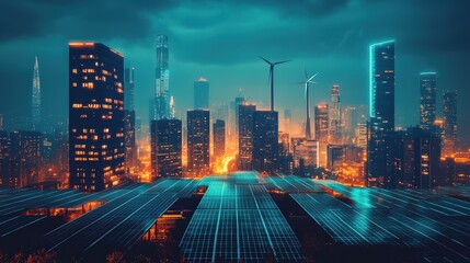 Fototapeta premium A vibrant, futuristic city skyline featuring illuminated skyscrapers, wind turbines, and a grid-like foreground under a dramatic, moody sky.