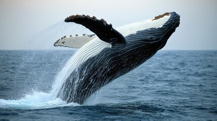 Obraz premium Humpback whale breaching, ocean, water, wildlife.