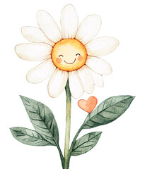 Fototapeta premium Charming smiling daisy in soft watercolor hues, perfect for romantic expressions and heartfelt messages, ideal for Valentine watercolor clipart collections.