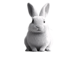 A fluffy white rabbit sits upright, showcasing its large ears and gentle expression on transparent background.