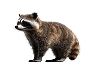 Fototapeta premium A raccoon stands with a bushy tail and distinctive facial markings, showcasing its characteristic fur and curious expression on transparent background.