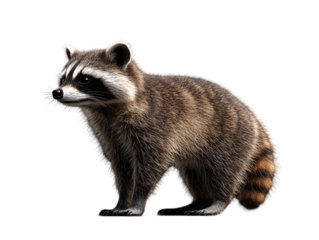 A raccoon stands with a bushy tail and distinctive facial markings, showcasing its characteristic fur and curious expression on transparent background.