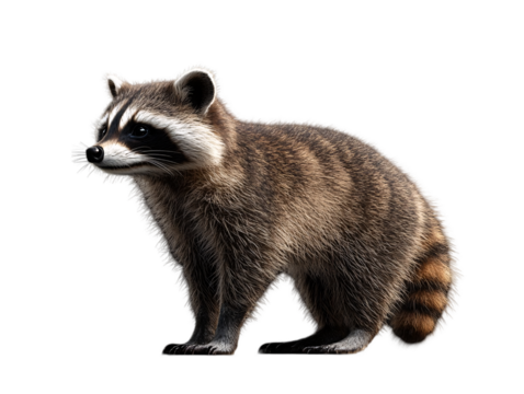 A raccoon stands with a bushy tail and distinctive facial markings, showcasing its characteristic fur and curious expression on transparent background.