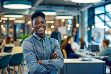 Fototapeta premium A smiling man standing with his arms crossed in an office